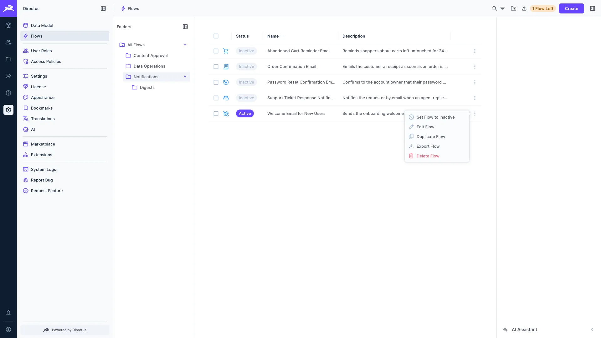 The Flow context menu with the Export Flow option